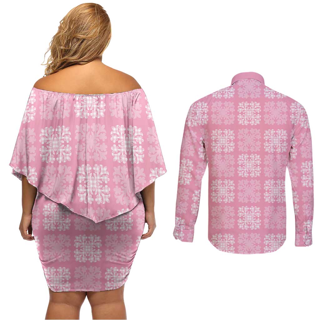 Pink Palaka Quilt Hawaii Couples Matching Off Shoulder Short Dress and Long Sleeve Button Shirt Traditional Hawaii-plaid Pattern - Polynesian Pride