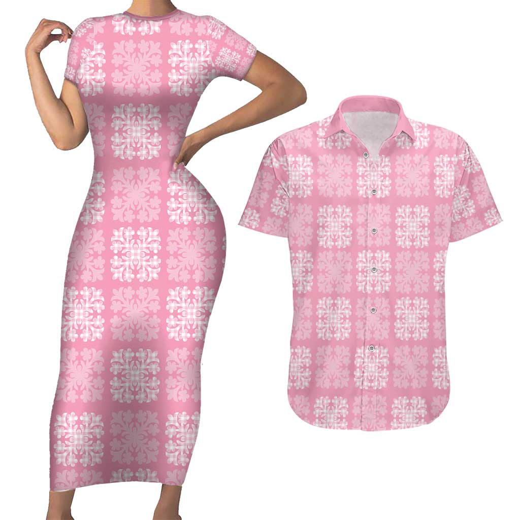 Pink Palaka Quilt Hawaii Couples Matching Short Sleeve Bodycon Dress and Hawaiian Shirt Traditional Hawaii-plaid Pattern - Polynesian Pride