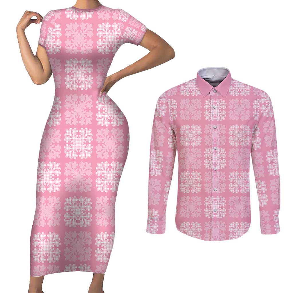 Pink Palaka Quilt Hawaii Couples Matching Short Sleeve Bodycon Dress and Long Sleeve Button Shirt Traditional Hawaii-plaid Pattern - Polynesian Pride
