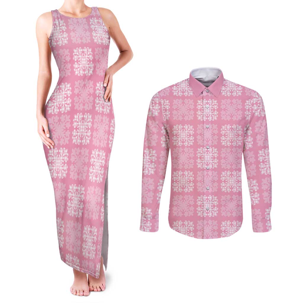 Pink Palaka Quilt Hawaii Couples Matching Tank Maxi Dress and Long Sleeve Button Shirt Traditional Hawaii-plaid Pattern - Polynesian Pride