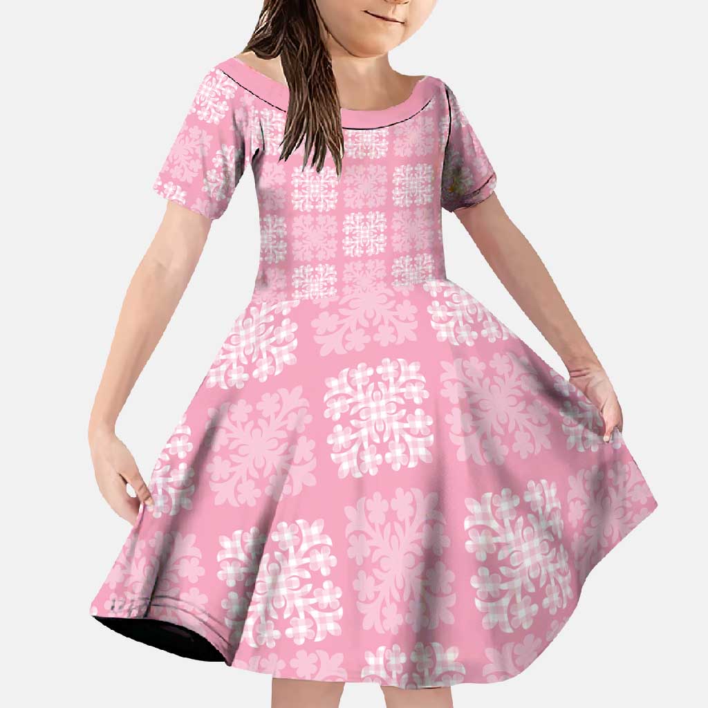 Pink Palaka Quilt Hawaii Family Matching Long Sleeve Bodycon Dress and Hawaiian Shirt Traditional Hawaii-plaid Pattern LT14 Daughter's Dress Pink - Polynesian Pride