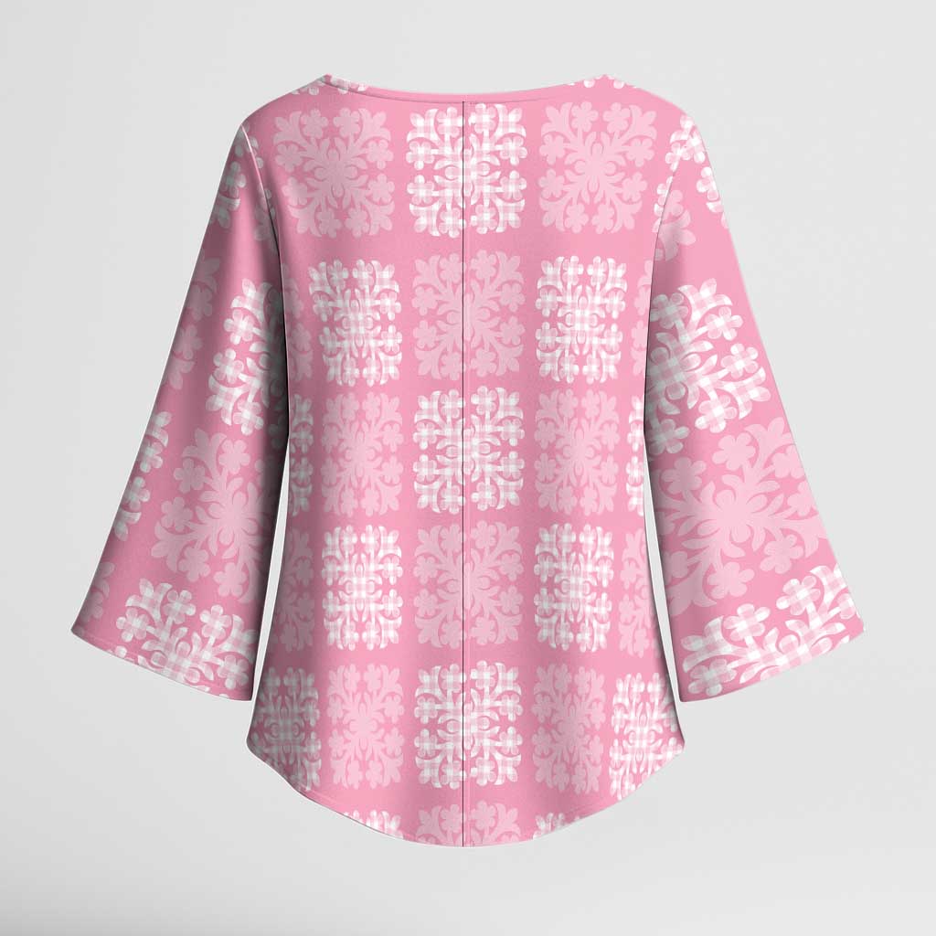Pink Palaka Quilt Hawaii Kimono Sleeve Blouse Traditional Hawaii-plaid Pattern - Polynesian Pride