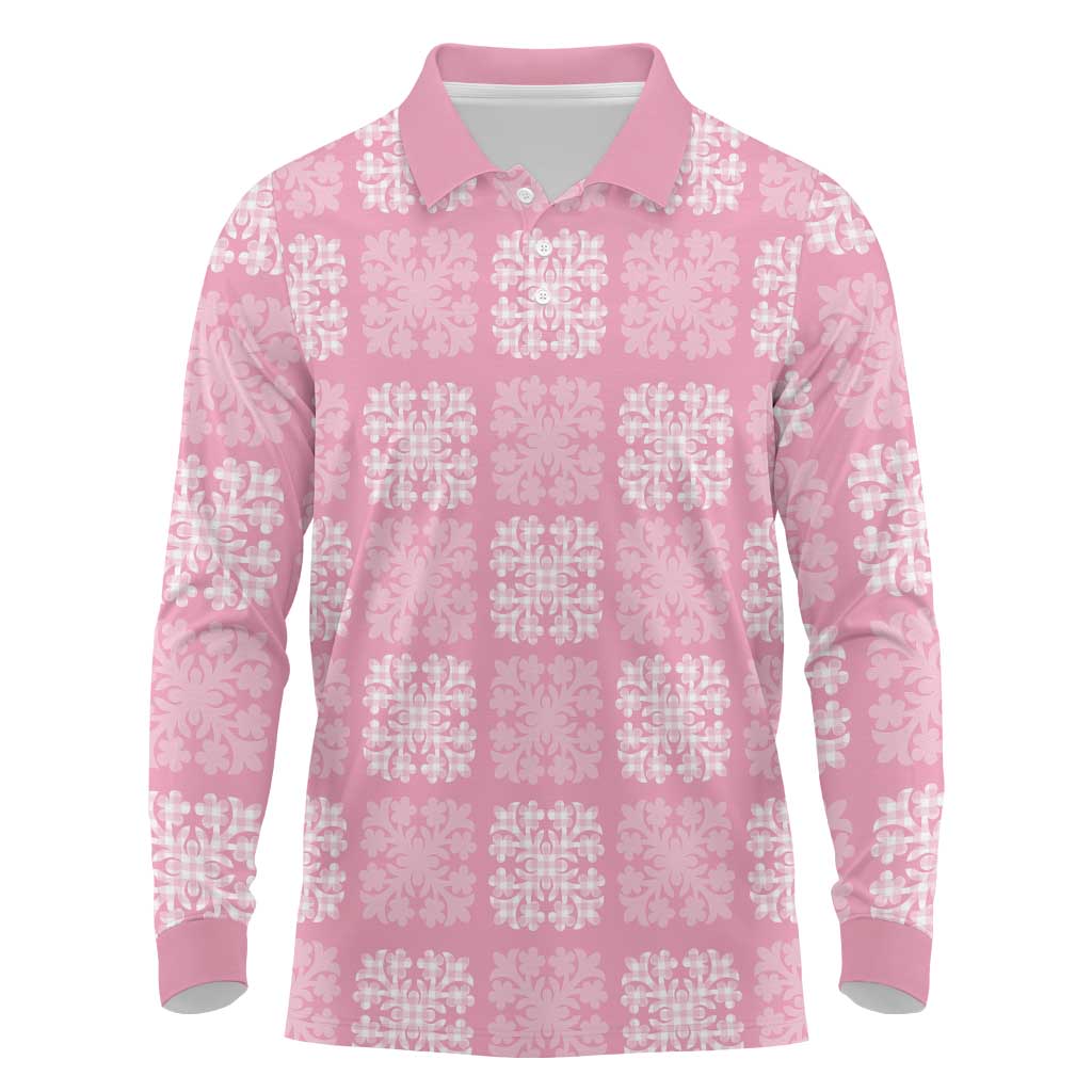 Pink Palaka Quilt Hawaii Long Sleeve Polo Shirt Traditional Hawaii-plaid Pattern - Polynesian Pride