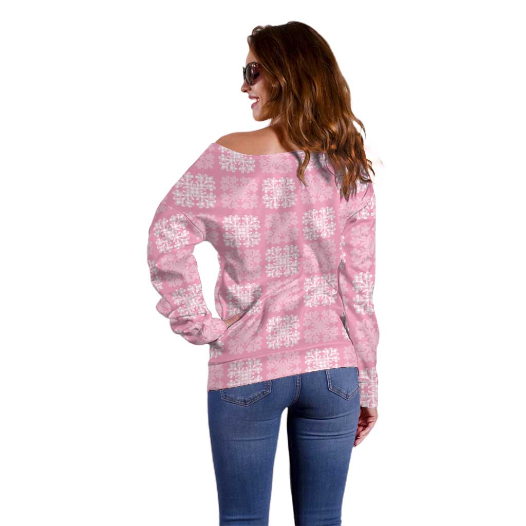 Pink Palaka Quilt Hawaii Off Shoulder Sweater Traditional Hawaii-plaid Pattern - Polynesian Pride