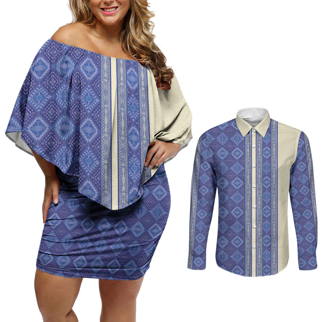 Mabuhay Philippines Festival Couples Matching Off Shoulder Short Dress and Long Sleeve Button Shirt Yakan Modern Filipiniana Inspired LT14 Blue - Polynesian Pride