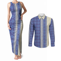Mabuhay Philippines Festival Couples Matching Tank Maxi Dress and Long Sleeve Button Shirt Yakan Modern Filipiniana Inspired LT14 Blue - Polynesian Pride