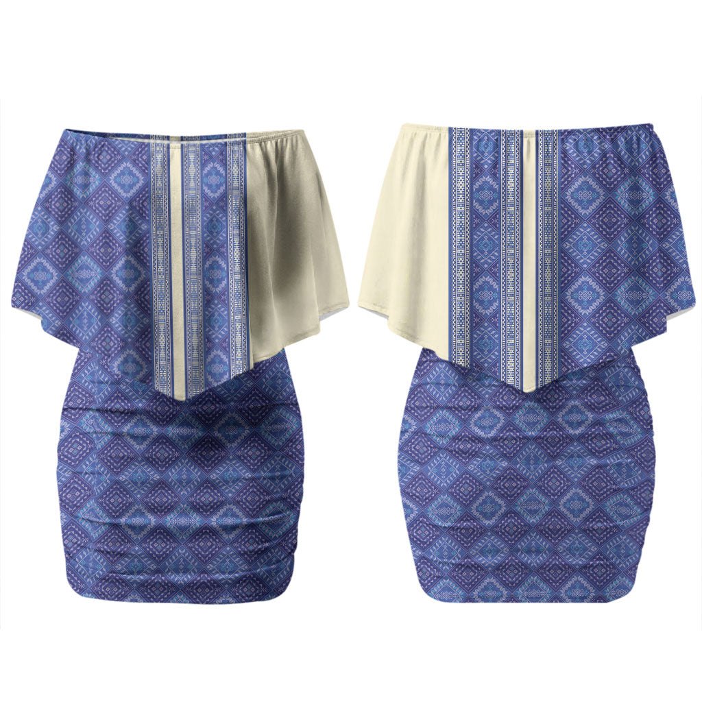 Mabuhay Philippines Festival Family Matching Off Shoulder Short Dress and Hawaiian Shirt Yakan Modern Filipiniana Inspired LT14 Mom's Dress Blue - Polynesian Pride