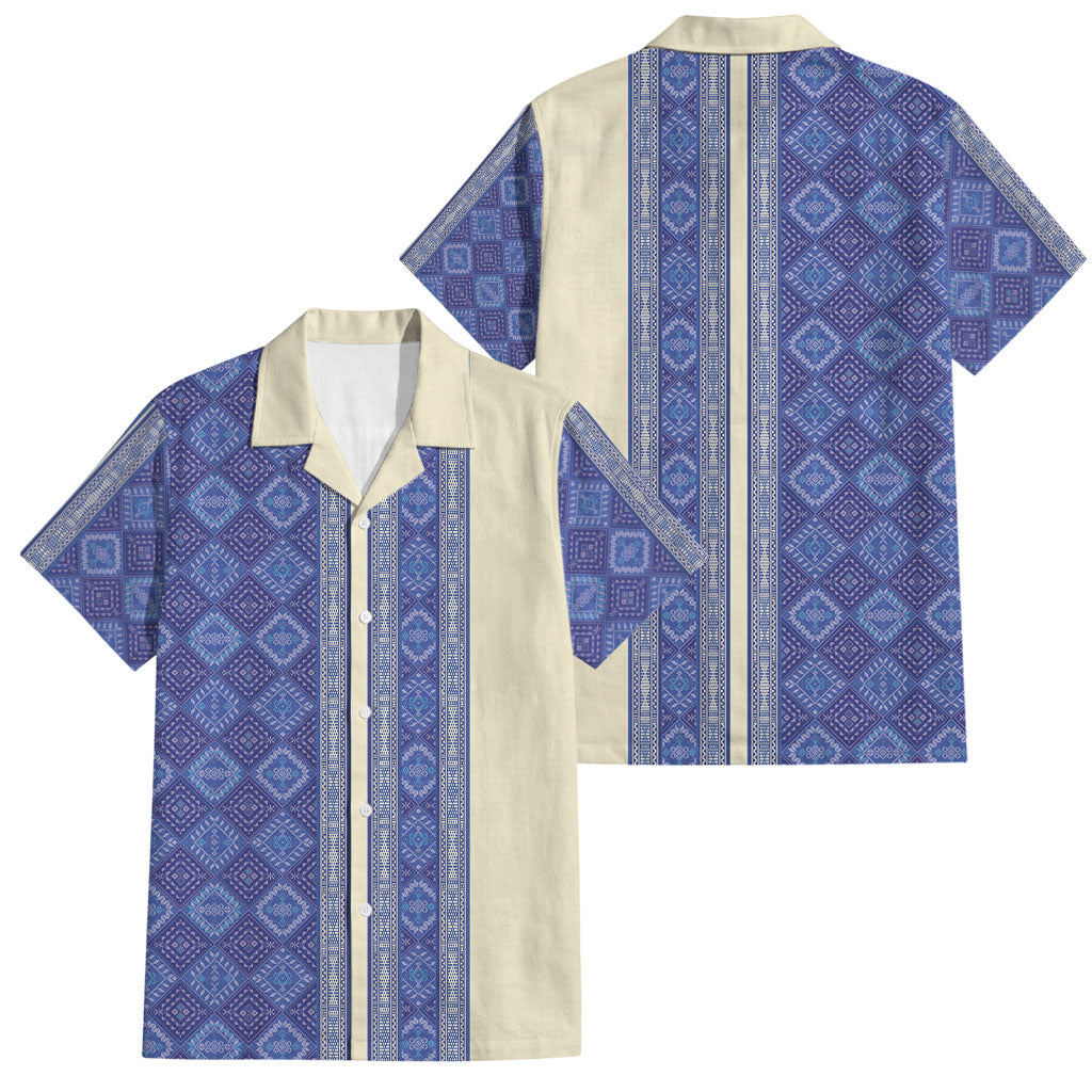 Mabuhay Philippines Festival Family Matching Off Shoulder Short Dress and Hawaiian Shirt Yakan Modern Filipiniana Inspired LT14 Dad's Shirt - Short Sleeve Blue - Polynesian Pride