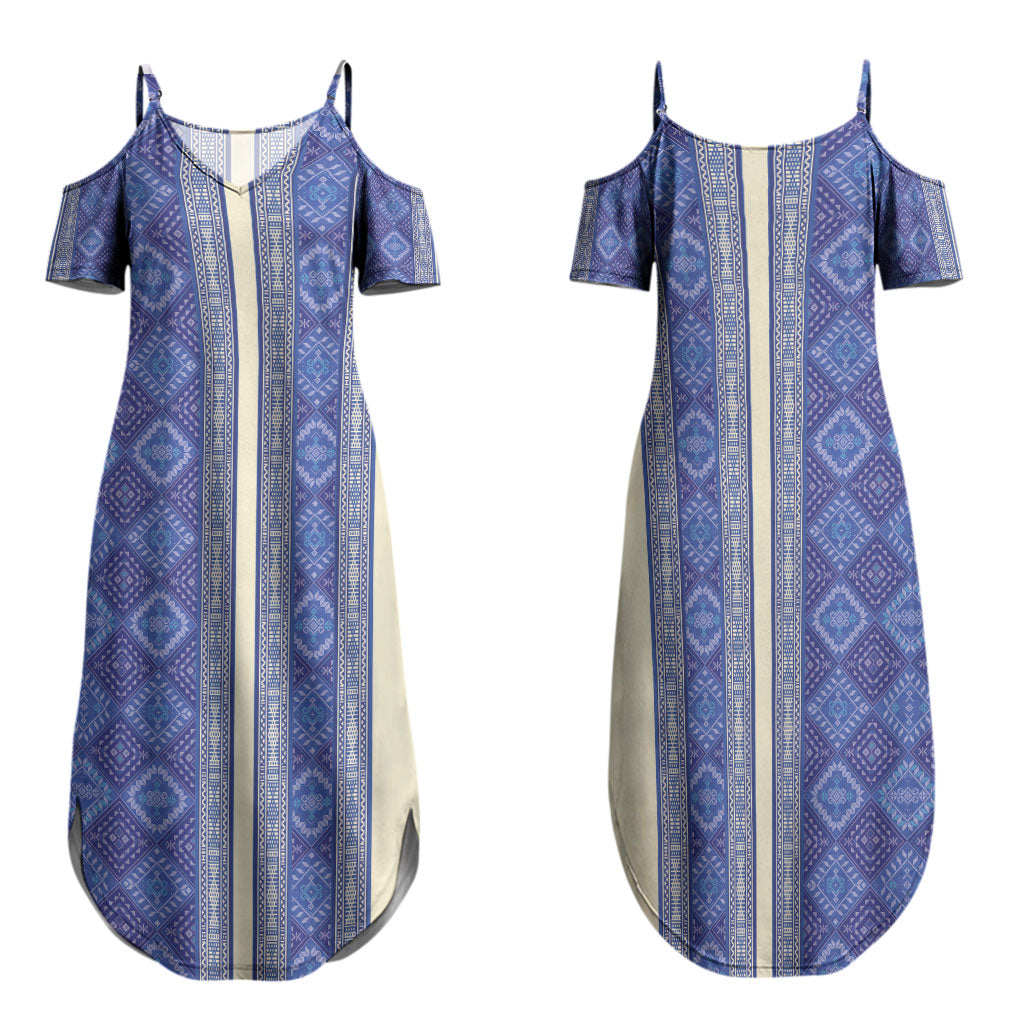 Mabuhay Philippines Festival Family Matching Summer Maxi Dress and Hawaiian Shirt Yakan Modern Filipiniana Inspired LT14 Mom's Dress Blue - Polynesian Pride
