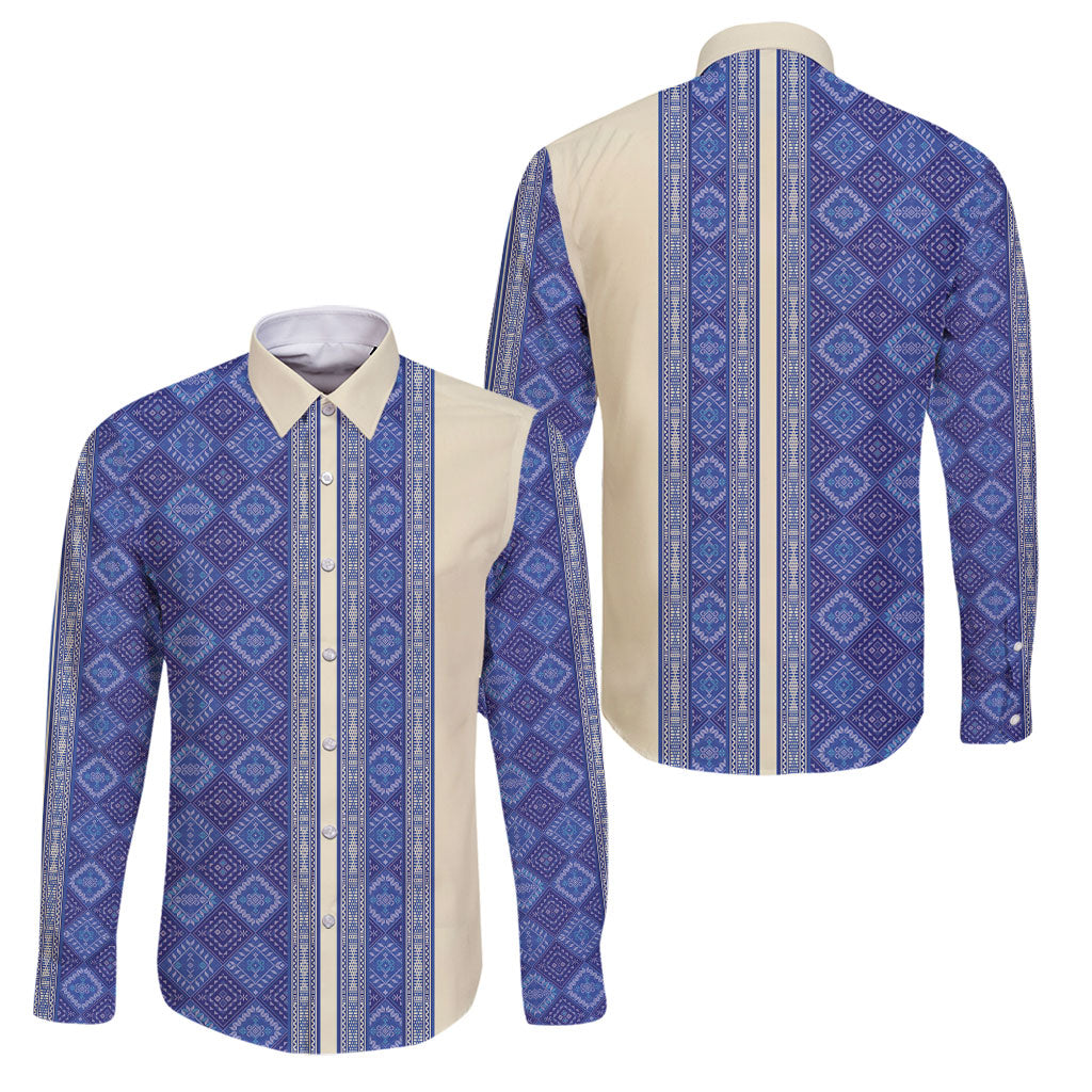 Mabuhay Philippines Festival Family Matching Summer Maxi Dress and Hawaiian Shirt Yakan Modern Filipiniana Inspired LT14 Dad's Shirt - Long Sleeve Blue - Polynesian Pride