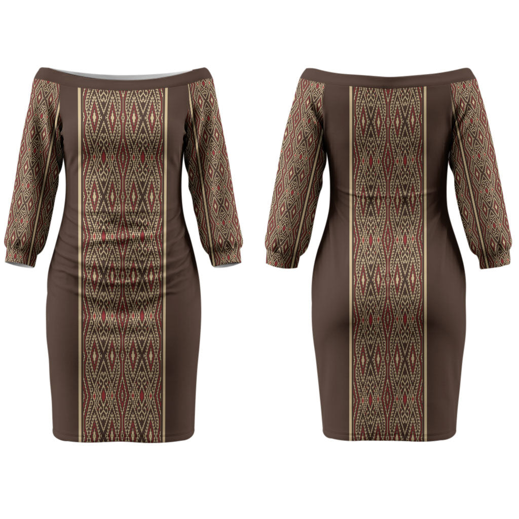 Mabuhay Philippines Festival Family Matching Off The Shoulder Long Sleeve Dress and Hawaiian Shirt Tnalak Modern Filipiniana Inspired LT14 Mom's Dress Brown - Polynesian Pride