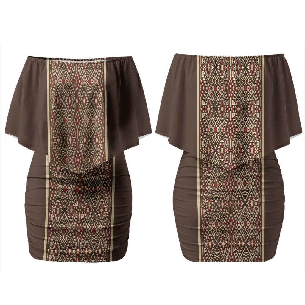Mabuhay Philippines Festival Family Matching Off Shoulder Short Dress and Hawaiian Shirt Tnalak Modern Filipiniana Inspired LT14 Mom's Dress Brown - Polynesian Pride