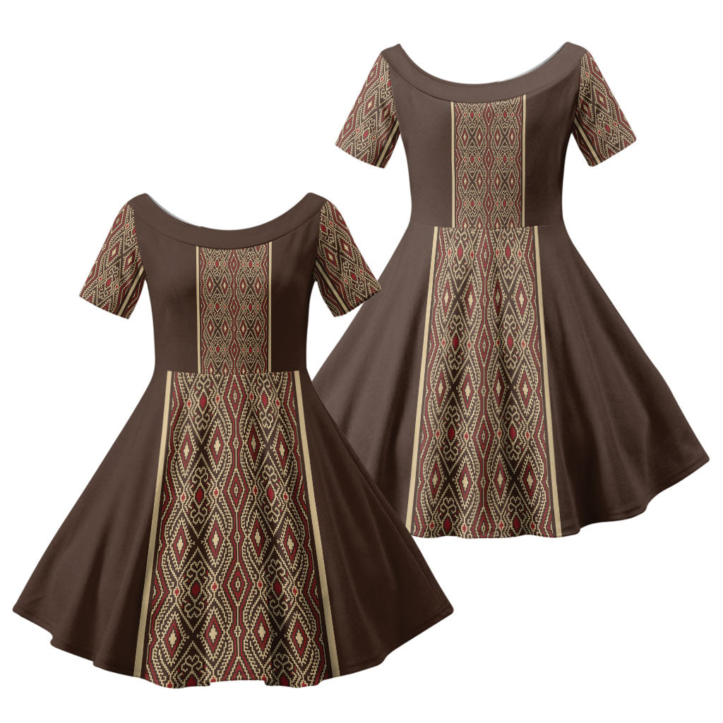 Mabuhay Philippines Festival Family Matching Off Shoulder Short Dress and Hawaiian Shirt Tnalak Modern Filipiniana Inspired LT14 Daughter's Dress Brown - Polynesian Pride