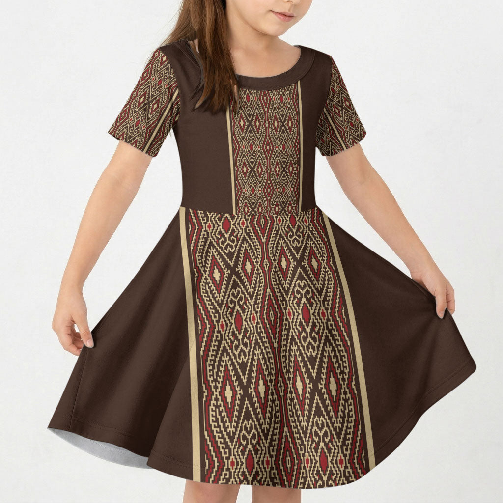 Mabuhay Philippines Festival Kid Short Sleeve Dress Tnalak Modern Filipiniana Inspired LT14 KID Brown - Polynesian Pride