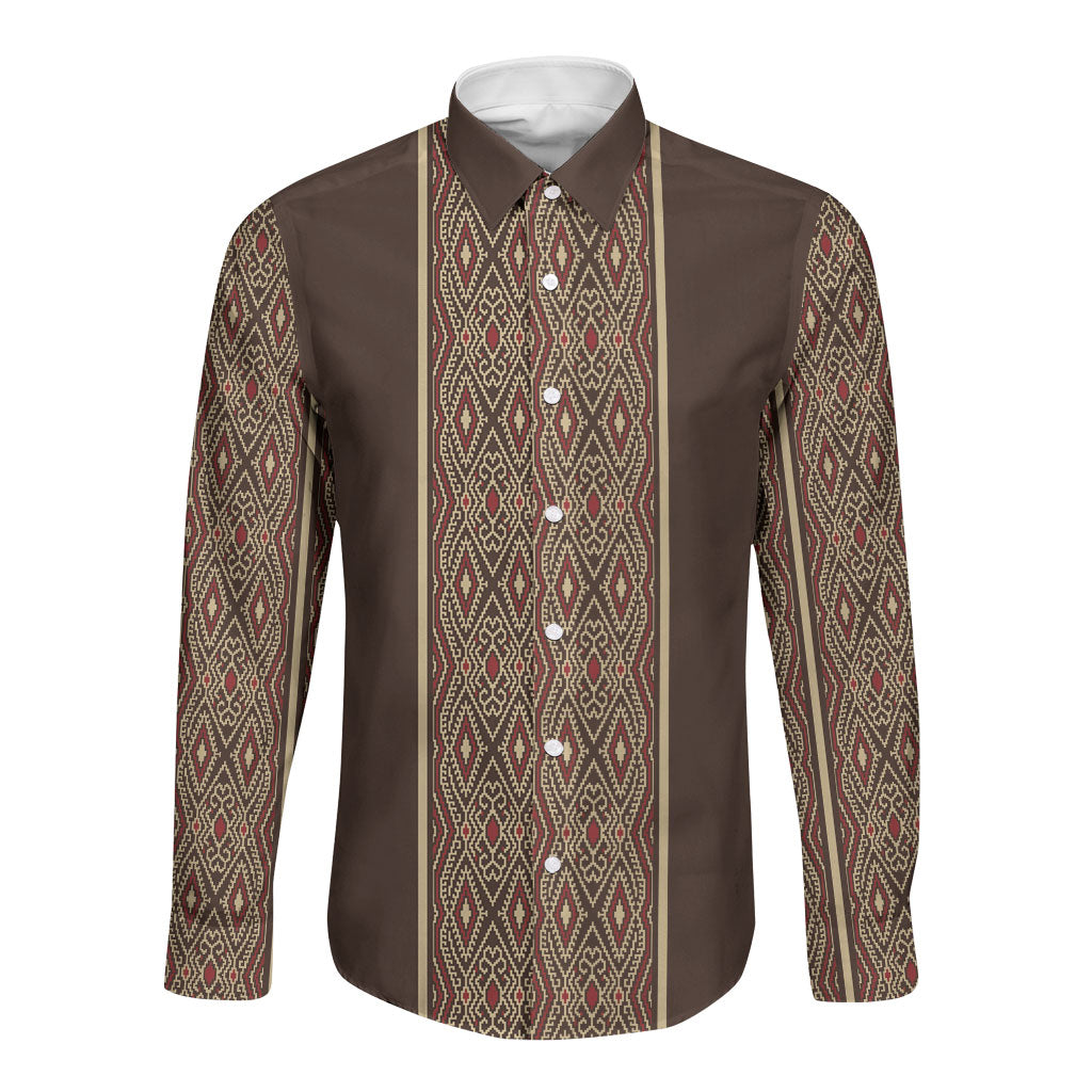 Mabuhay Philippines Festival Long Sleeve Button Shirt Tnalak Modern Filipiniana Inspired LT14 Unisex Brown - Polynesian Pride