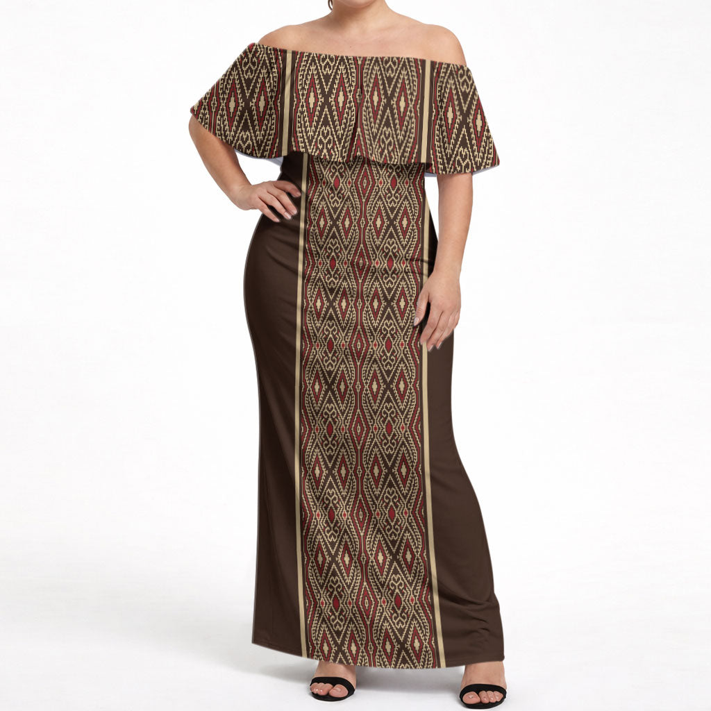 Mabuhay Philippines Festival Off Shoulder Maxi Dress Tnalak Modern Filipiniana Inspired LT14 Women Brown - Polynesian Pride