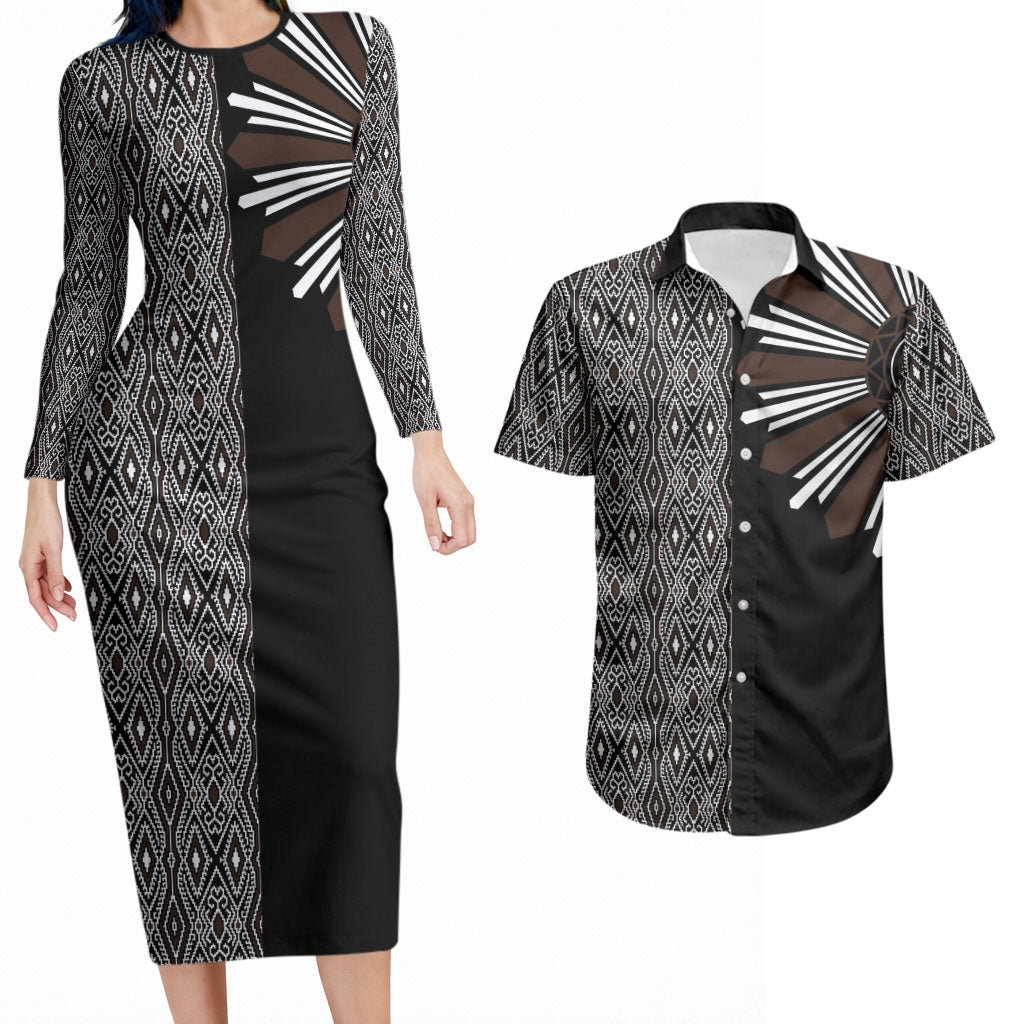 Mabuhay Philippines Festival Couples Matching Long Sleeve Bodycon Dress and Hawaiian Shirt Araw Tnalak Modern Filipiniana Inspired LT14 Black - Polynesian Pride