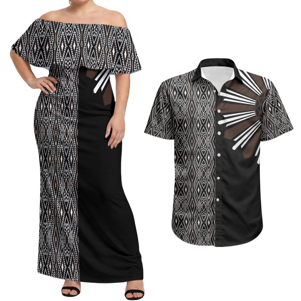 Mabuhay Philippines Festival Couples Matching Off Shoulder Maxi Dress and Hawaiian Shirt Araw Tnalak Modern Filipiniana Inspired LT14 Black - Polynesian Pride