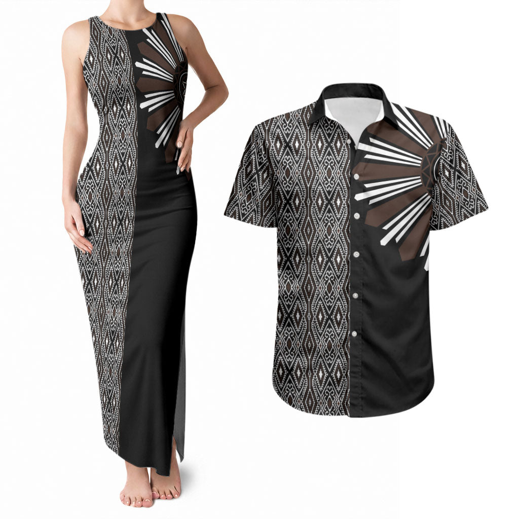 Mabuhay Philippines Festival Couples Matching Tank Maxi Dress and Hawaiian Shirt Araw Tnalak Modern Filipiniana Inspired LT14 Black - Polynesian Pride