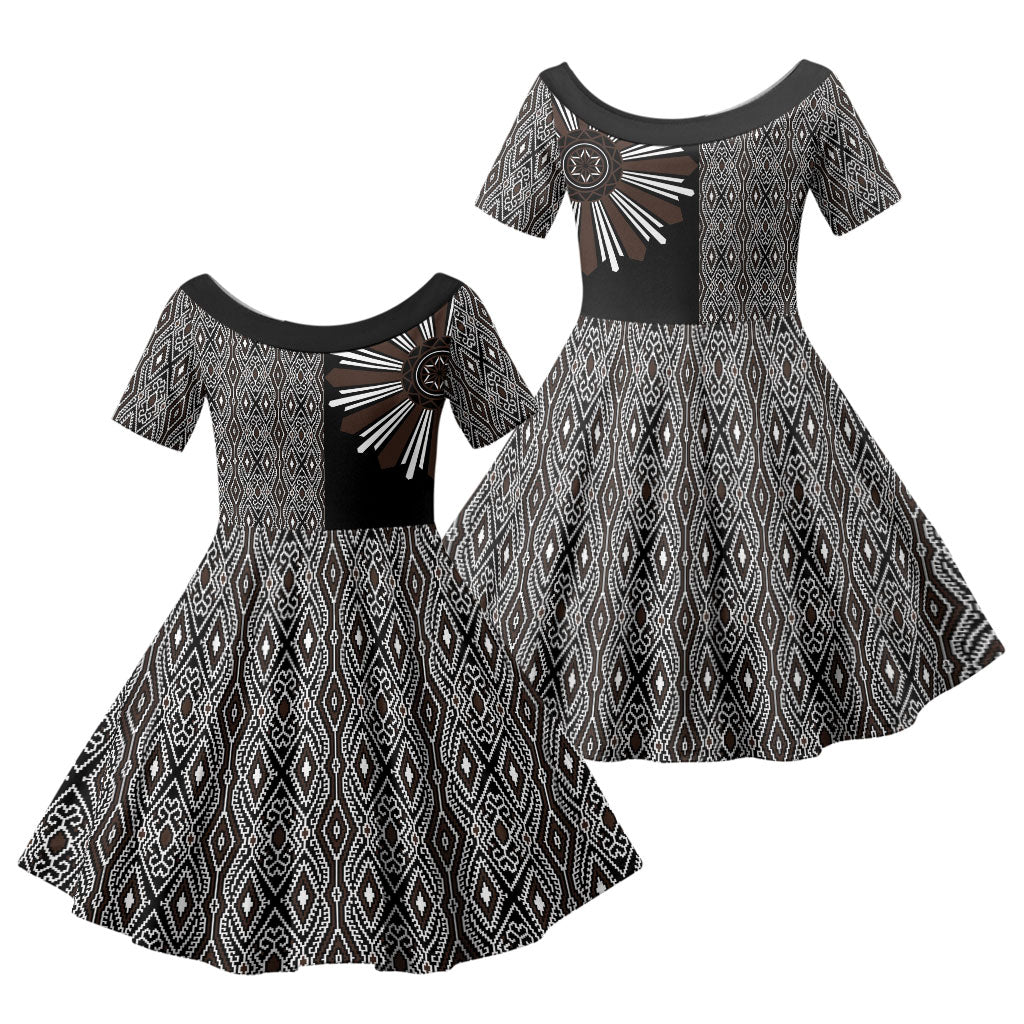 Mabuhay Philippines Festival Family Matching Long Sleeve Bodycon Dress and Hawaiian Shirt Araw Tnalak Modern Filipiniana Inspired LT14 Daughter's Dress Black - Polynesian Pride