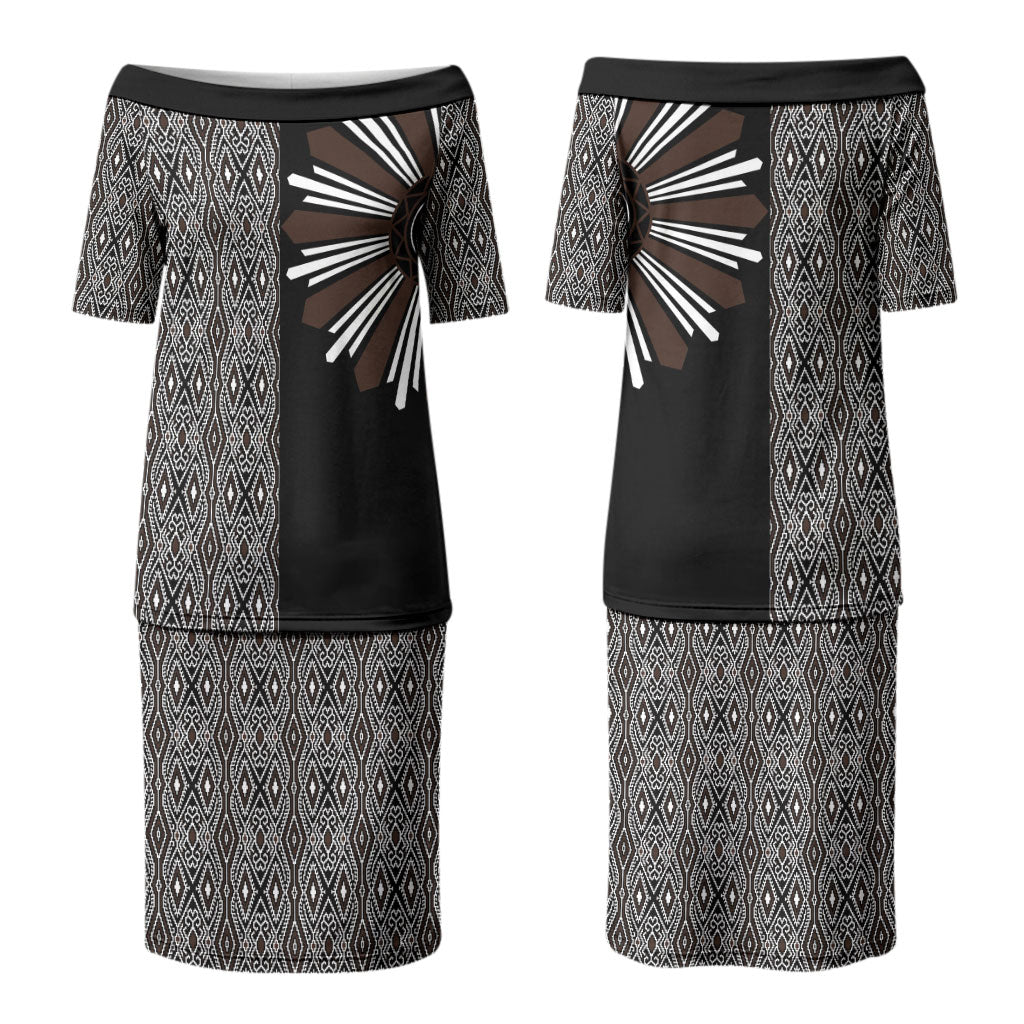 Mabuhay Philippines Festival Family Matching Puletasi and Hawaiian Shirt Araw Tnalak Modern Filipiniana Inspired LT14 Mom's Dress Black - Polynesian Pride