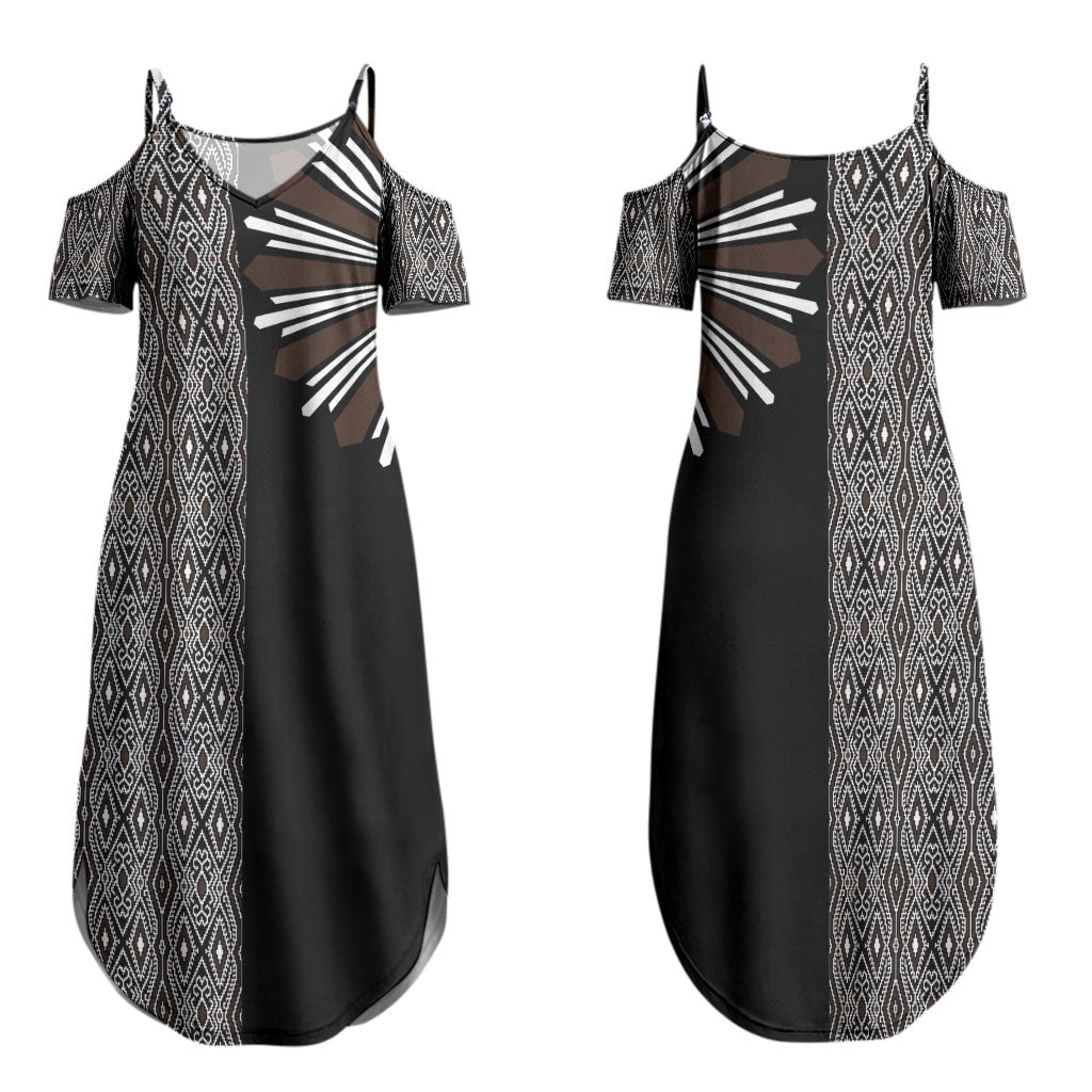 Mabuhay Philippines Festival Family Matching Summer Maxi Dress and Hawaiian Shirt Araw Tnalak Modern Filipiniana Inspired LT14 Mom's Dress Black - Polynesian Pride