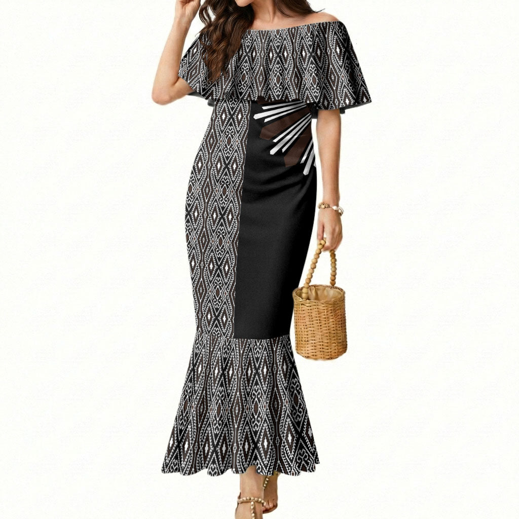Mabuhay Philippines Festival Mermaid Dress Araw Tnalak Modern Filipiniana Inspired LT14 Women Black - Polynesian Pride