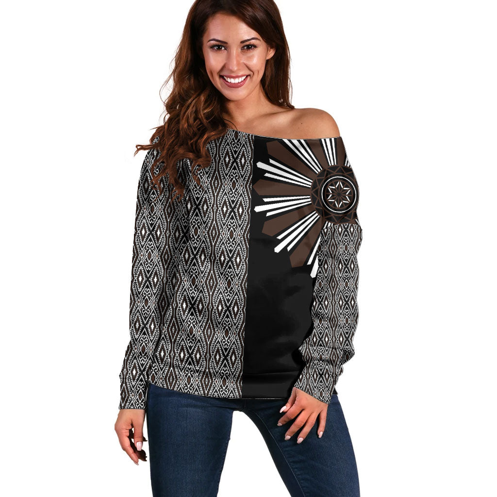 Mabuhay Philippines Festival Off Shoulder Sweater Araw Tnalak Modern Filipiniana Inspired LT14 Women Black - Polynesian Pride