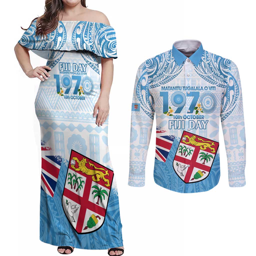 Fiji Day 1970 Couples Matching Off Shoulder Maxi Dress and Long Sleeve Button Shirt Proud To Be A Fijian Tapa Pattern