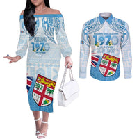 Fiji Day 1970 Couples Matching Off The Shoulder Long Sleeve Dress and Long Sleeve Button Shirt Proud To Be A Fijian Tapa Pattern LT14 Blue - Polynesian Pride
