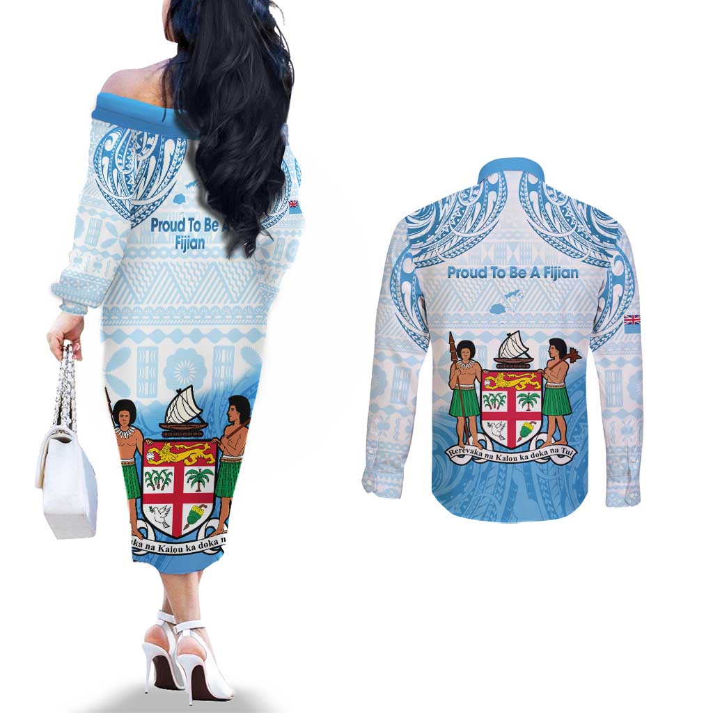 Fiji Day 1970 Couples Matching Off The Shoulder Long Sleeve Dress and Long Sleeve Button Shirt Proud To Be A Fijian Tapa Pattern LT14 - Polynesian Pride