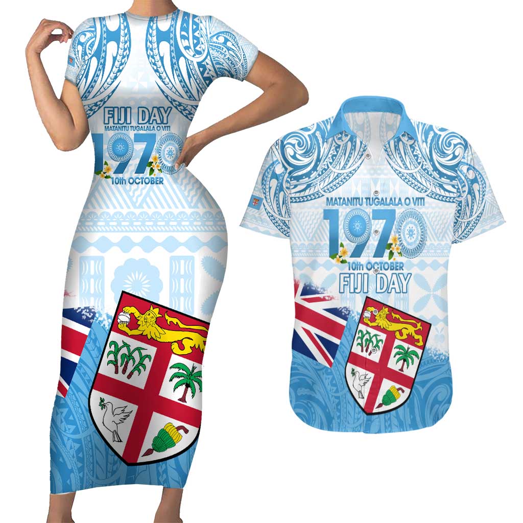 Fiji Day 1970 Couples Matching Short Sleeve Bodycon Dress and Hawaiian Shirt Proud To Be A Fijian Tapa Pattern