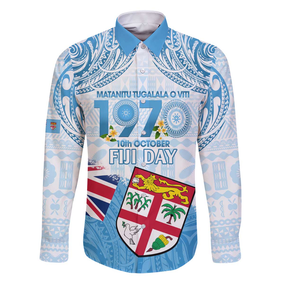 Fiji Day 1970 Family Matching Puletasi and Hawaiian Shirt Proud To Be A Fijian Tapa Pattern LT14 Dad's Shirt - Long Sleeve Blue - Polynesian Pride
