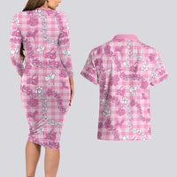 Alaka Aloha Hawaii Couples Matching Long Sleeve Bodycon Dress and Hawaiian Shirt Plumeria Lei With Palaka Motif - Polynesian Pride