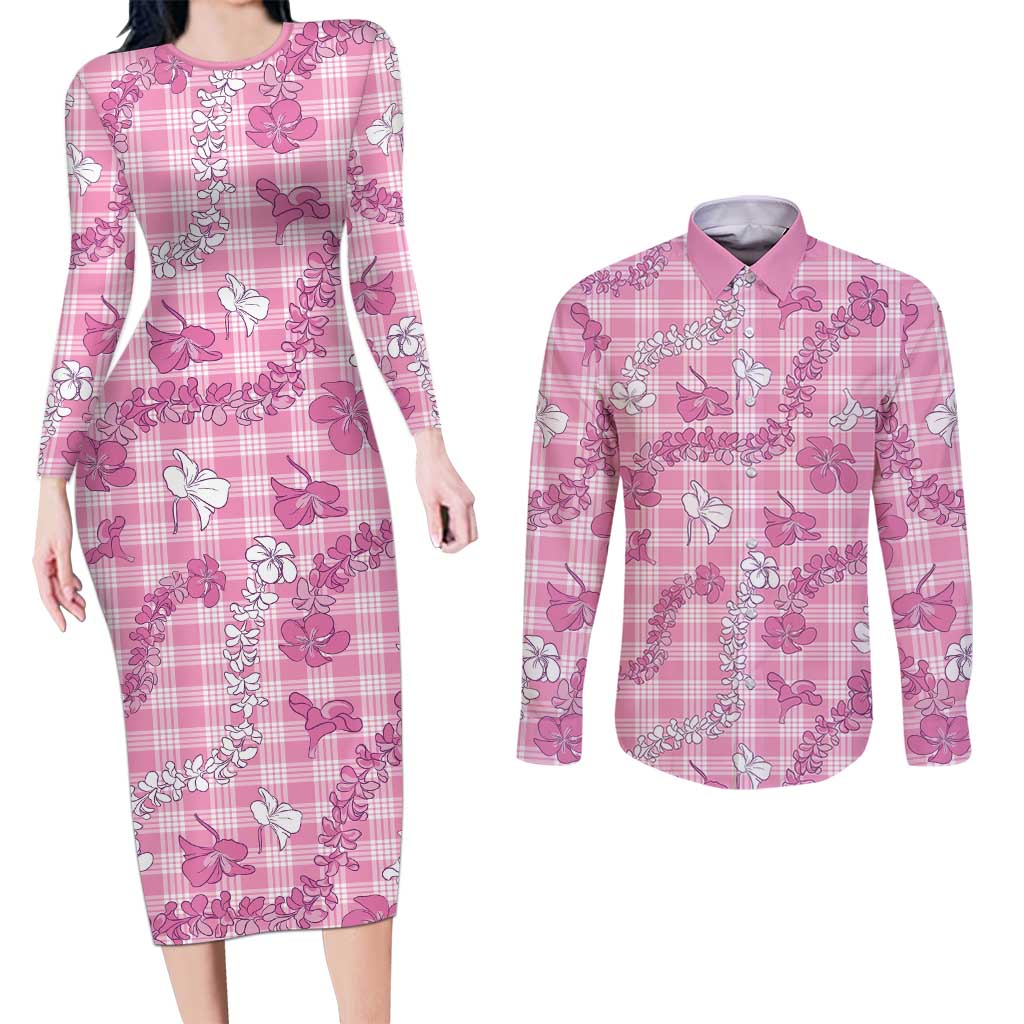 Alaka Aloha Hawaii Couples Matching Long Sleeve Bodycon Dress and Long Sleeve Button Shirt Plumeria Lei With Palaka Motif LT14 Pink - Polynesian Pride
