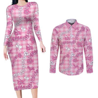 Alaka Aloha Hawaii Couples Matching Long Sleeve Bodycon Dress and Long Sleeve Button Shirt Plumeria Lei With Palaka Motif LT14 Pink - Polynesian Pride