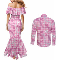 Alaka Aloha Hawaii Couples Matching Mermaid Dress and Long Sleeve Button Shirt Plumeria Lei With Palaka Motif LT14 - Polynesian Pride