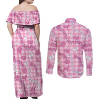 Alaka Aloha Hawaii Couples Matching Off Shoulder Maxi Dress and Long Sleeve Button Shirt Plumeria Lei With Palaka Motif - Polynesian Pride