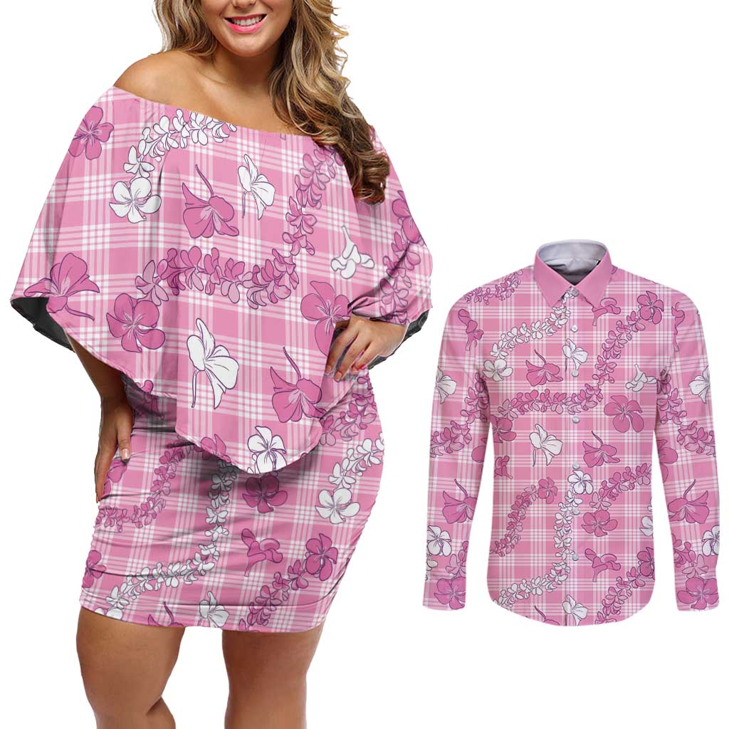 Alaka Aloha Hawaii Couples Matching Off Shoulder Short Dress and Long Sleeve Button Shirt Plumeria Lei With Palaka Motif - Polynesian Pride