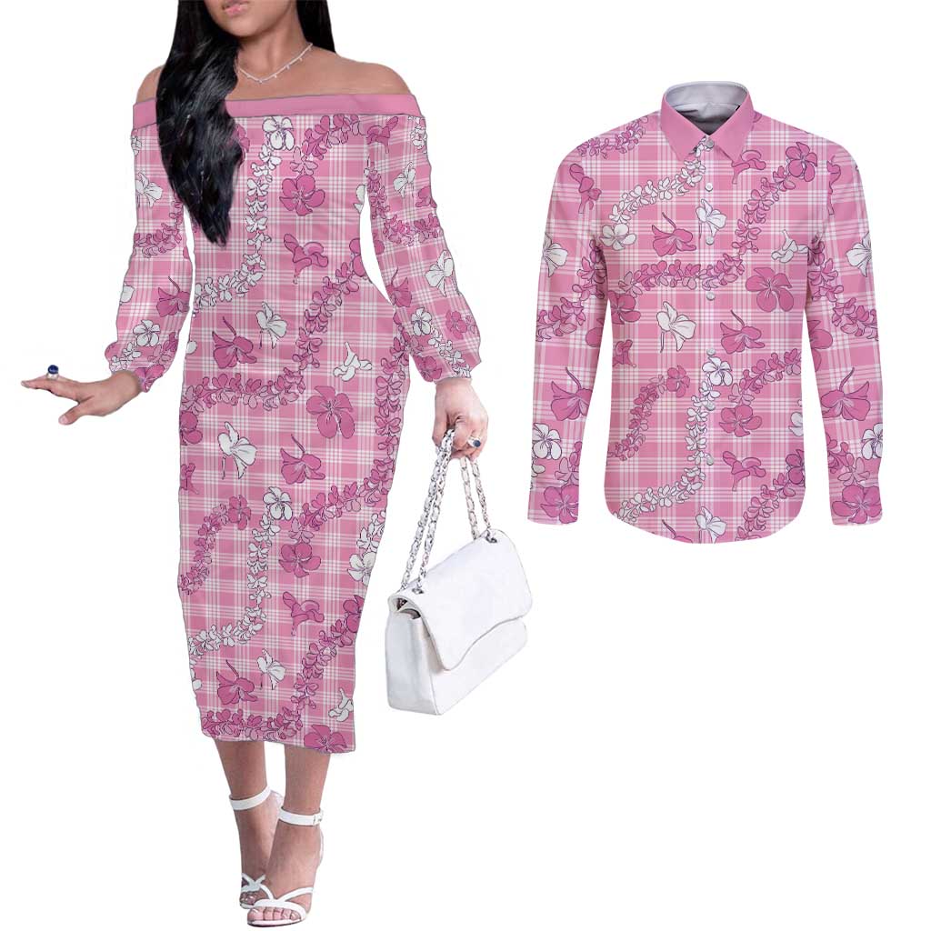 Alaka Aloha Hawaii Couples Matching Off The Shoulder Long Sleeve Dress and Long Sleeve Button Shirt Plumeria Lei With Palaka Motif LT14 Pink - Polynesian Pride