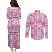 Alaka Aloha Hawaii Couples Matching Puletasi and Long Sleeve Button Shirt Plumeria Lei With Palaka Motif - Polynesian Pride