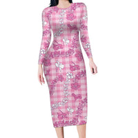 Alaka Aloha Hawaii Family Matching Long Sleeve Bodycon Dress and Hawaiian Shirt Plumeria Lei With Palaka Motif LT14 Mom's Dress Pink - Polynesian Pride
