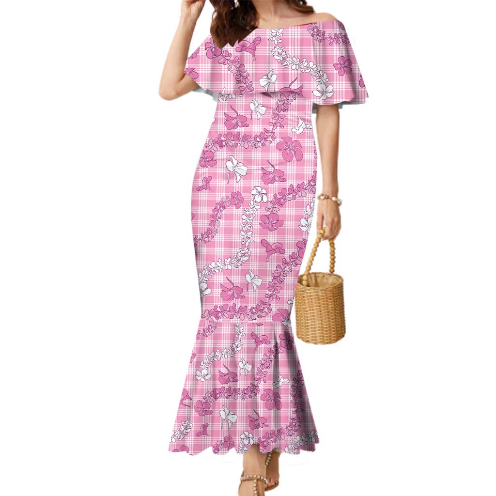 Alaka Aloha Hawaii Family Matching Mermaid Dress and Hawaiian Shirt Plumeria Lei With Palaka Motif LT14 Mom's Dress Pink - Polynesian Pride