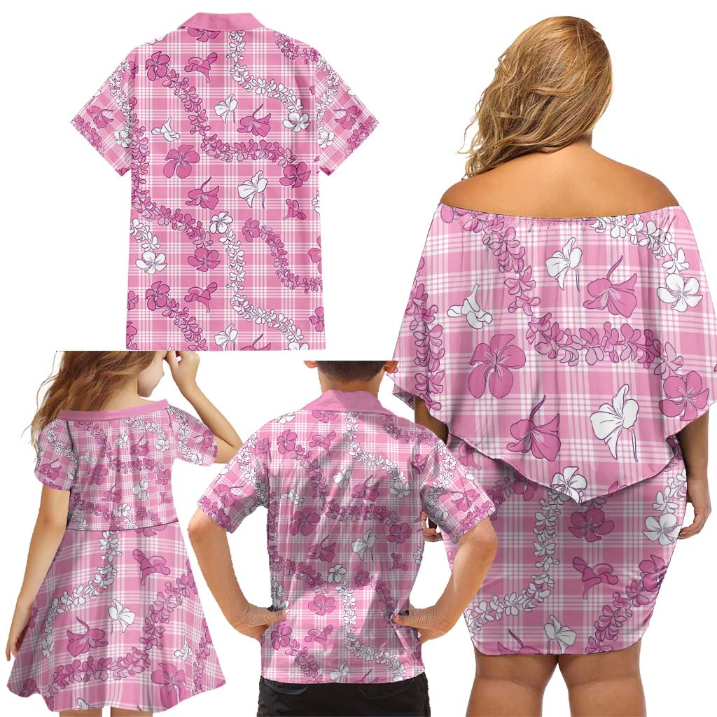 Alaka Aloha Hawaii Family Matching Off Shoulder Short Dress and Hawaiian Shirt Plumeria Lei With Palaka Motif - Polynesian Pride