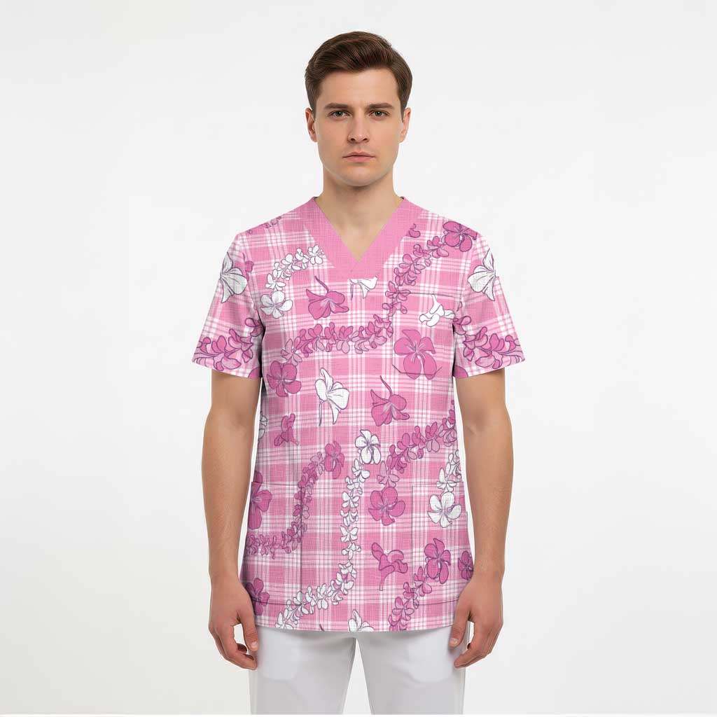 Alaka Aloha Hawaii Scrub Top Plumeria Lei With Palaka Motif - Polynesian Pride