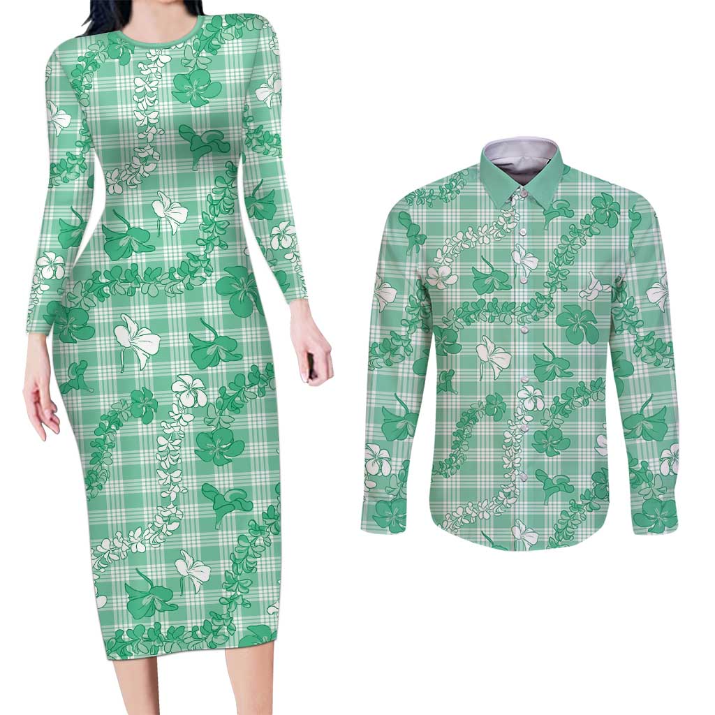 Omaomao Aloha Hawaii Couples Matching Long Sleeve Bodycon Dress and Long Sleeve Button Shirt Plumeria Lei With Palaka Motif LT14 Green - Polynesian Pride