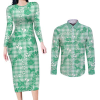 Omaomao Aloha Hawaii Couples Matching Long Sleeve Bodycon Dress and Long Sleeve Button Shirt Plumeria Lei With Palaka Motif LT14 Green - Polynesian Pride