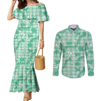 Omaomao Aloha Hawaii Couples Matching Mermaid Dress and Long Sleeve Button Shirt Plumeria Lei With Palaka Motif LT14 Green - Polynesian Pride
