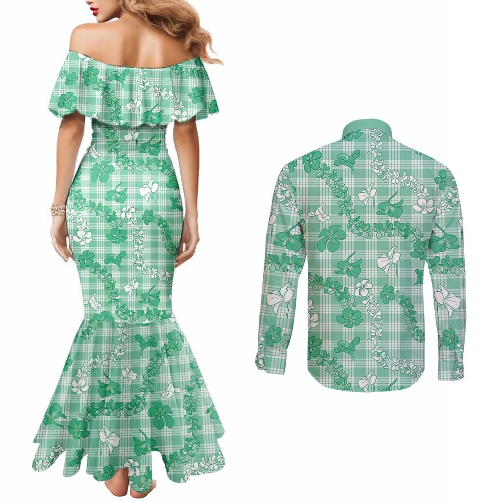 Omaomao Aloha Hawaii Couples Matching Mermaid Dress and Long Sleeve Button Shirt Plumeria Lei With Palaka Motif LT14 - Polynesian Pride