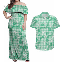 Omaomao Aloha Hawaii Couples Matching Off Shoulder Maxi Dress and Hawaiian Shirt Plumeria Lei With Palaka Motif LT14 Green - Polynesian Pride